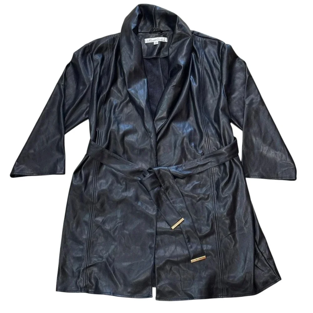 Kenneth Cole Trench Coat Black Faux Leather Tie Belted Women's Size Large